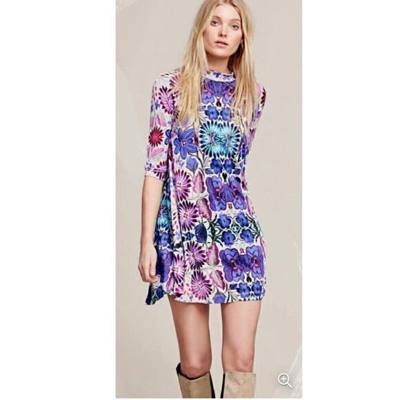 Free People New Romantics Fiesta Trapeze Mini Dress M Purple Floral Stretch - Picture 13 of 14